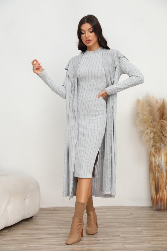 Slit Dress and Longline Cardigan Set - Body By J'ne