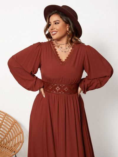 Plus Size Lace Detail V-Neck Balloon Sleeve Dress - Body By J'ne