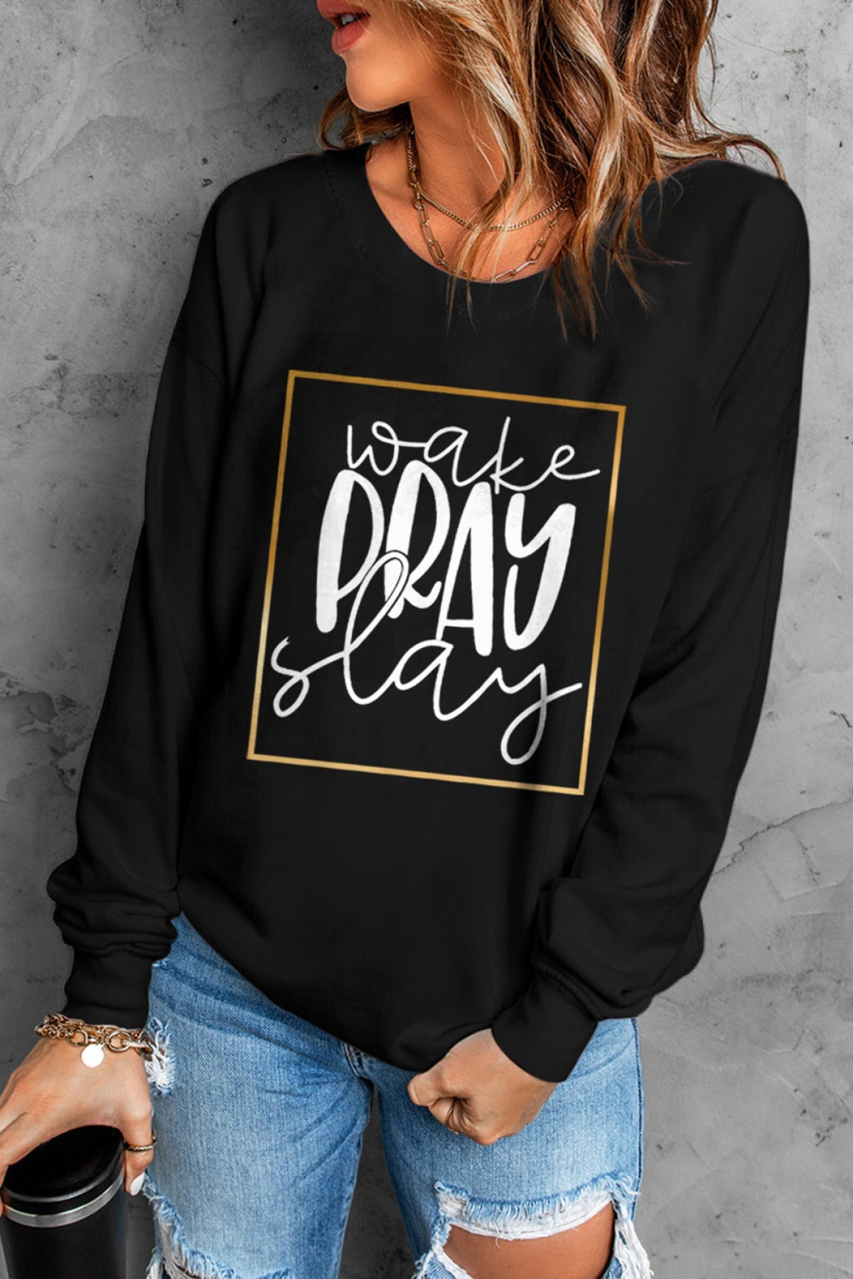 Black Wake Pray Slay Glitter Print Pullover Sweatshirt - Body By J'ne