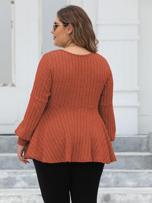 Plus Size Ribbed V-Neck Long Sleeve Blouse - Body By J'ne