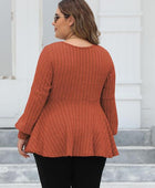 Plus Size Ribbed V-Neck Long Sleeve Blouse - Body By J'ne