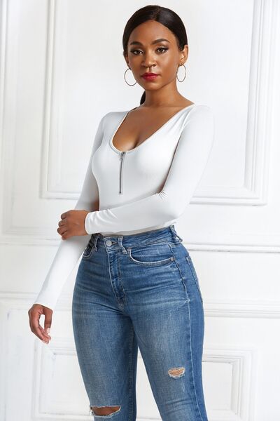 Half Zip Scoop Neck Long Sleeve Bodysuit - Body By J'ne