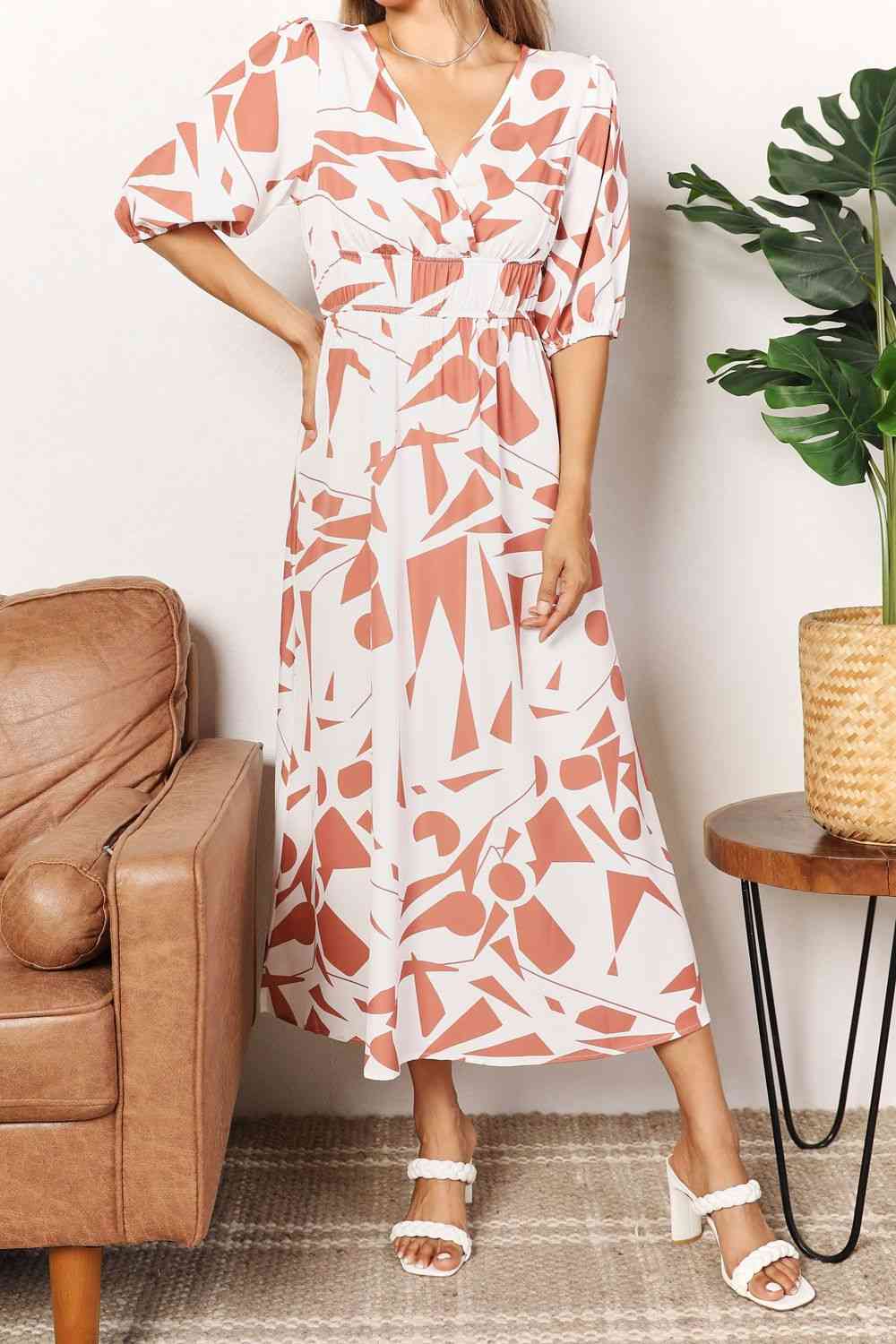 Printed Surplice Balloon Sleeve Dress - Body By J'ne