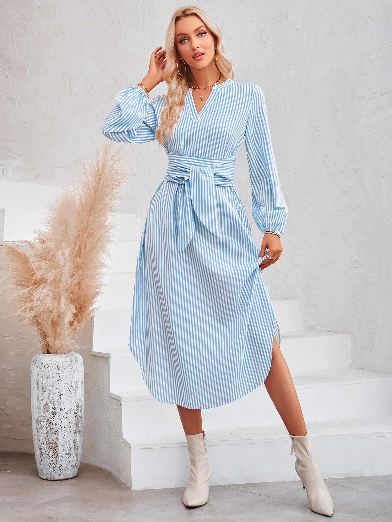 Striped Notched Neck Curved Hem Long Sleeve Dress - Body By J'ne
