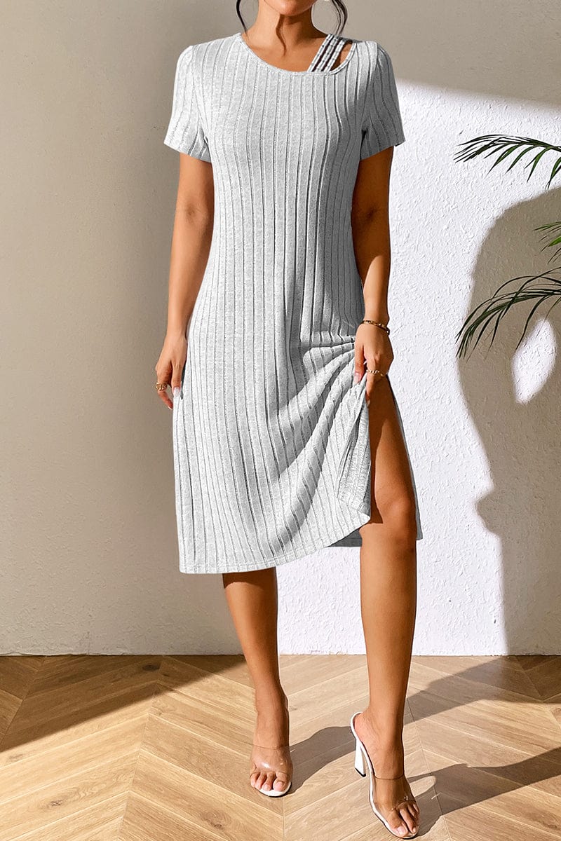 Ribbed Asymmetrical Neck Short Sleeve Dress - Body By J'ne