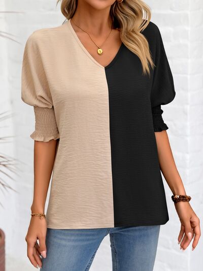 Contrast V-Neck Lantern Sleeve Blouse - Body By J'ne