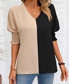 Contrast V-Neck Lantern Sleeve Blouse - Body By J'ne