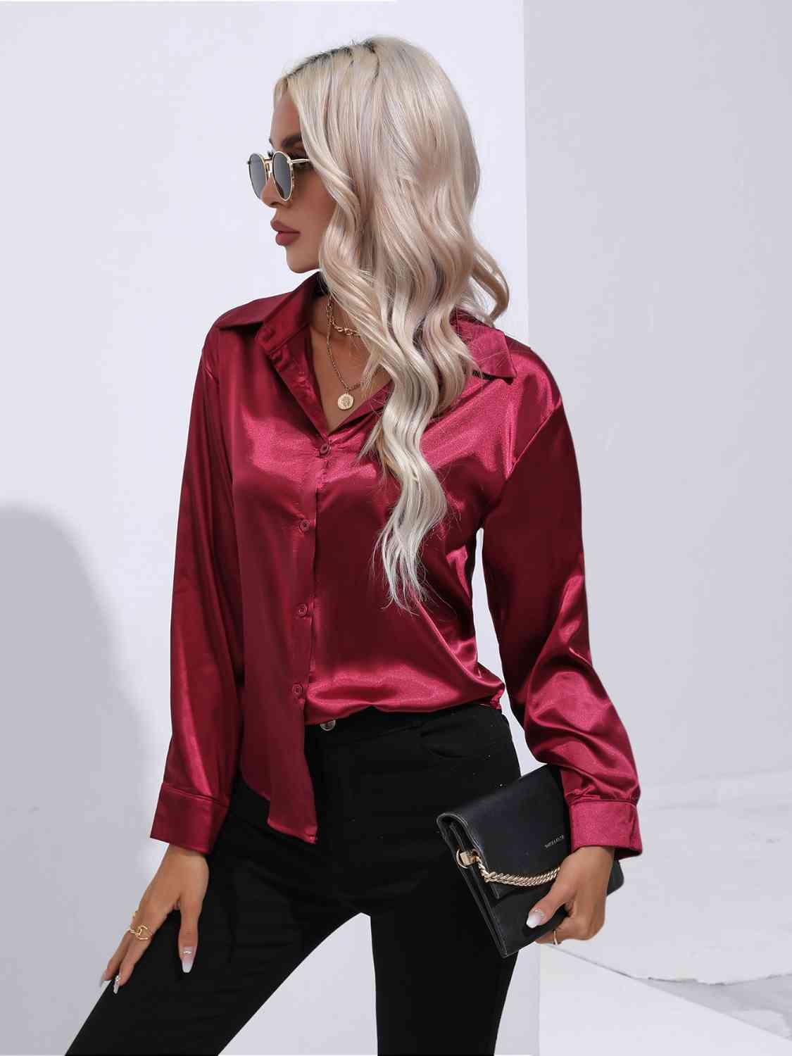 Collared Neck Buttoned Long Sleeve Shirt - Body By J'ne