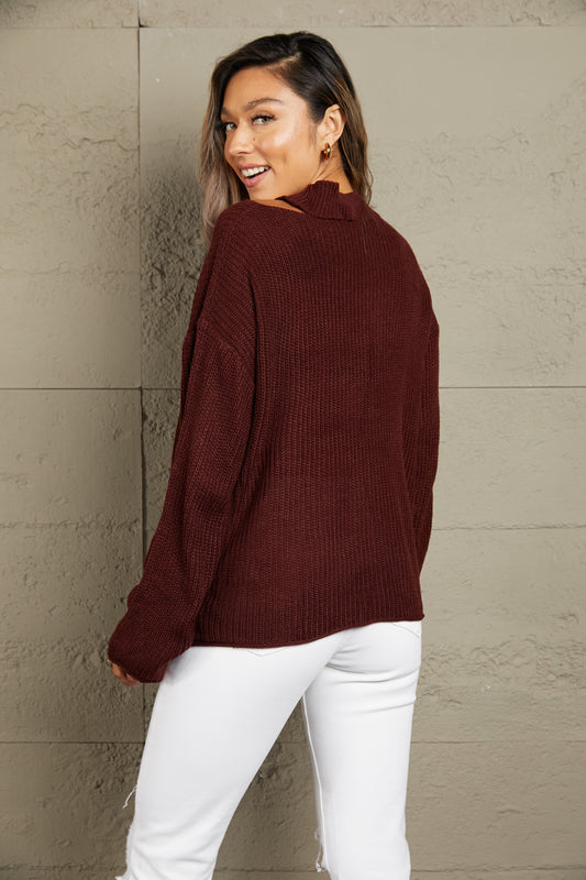 Round Neck Cutout Dropped Shoulder Sweater - Body By J'ne