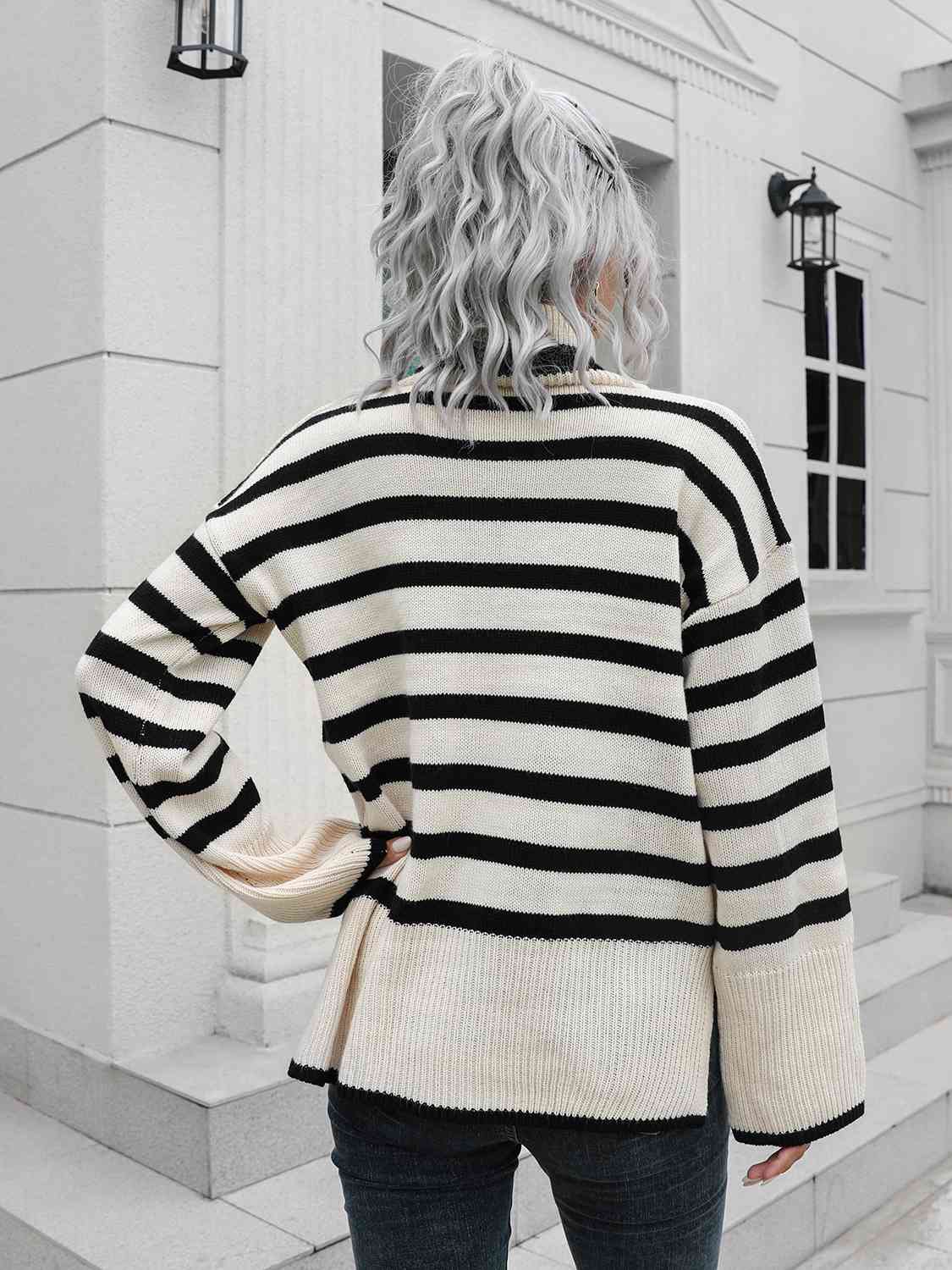 Striped Slit Turtleneck Drop Shoulder Sweater - Body By J'ne