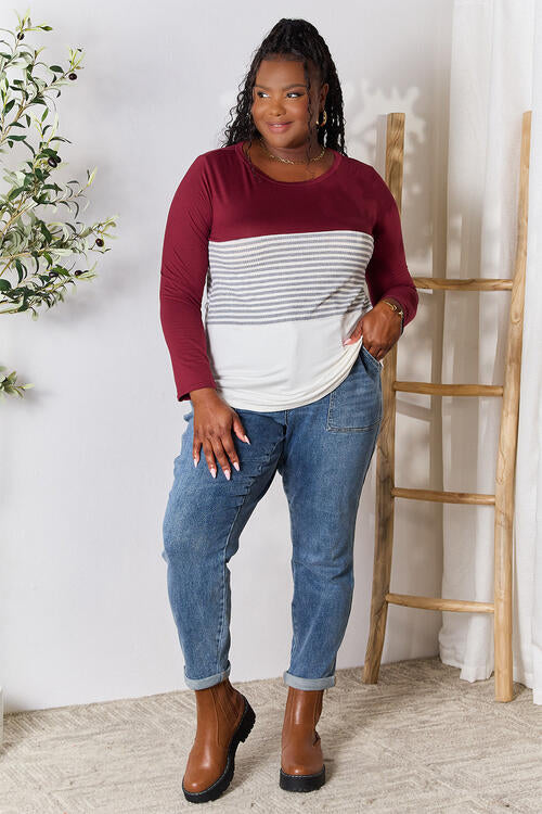 Full Size Striped Contrast Long Sleeve Blouse - Body By J'ne