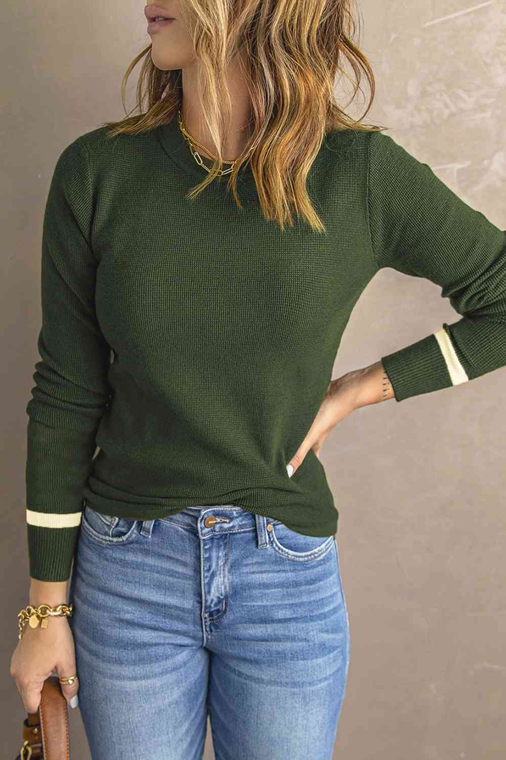 Round Neck Contrast Long Sleeve Knit Top - Body By J'ne