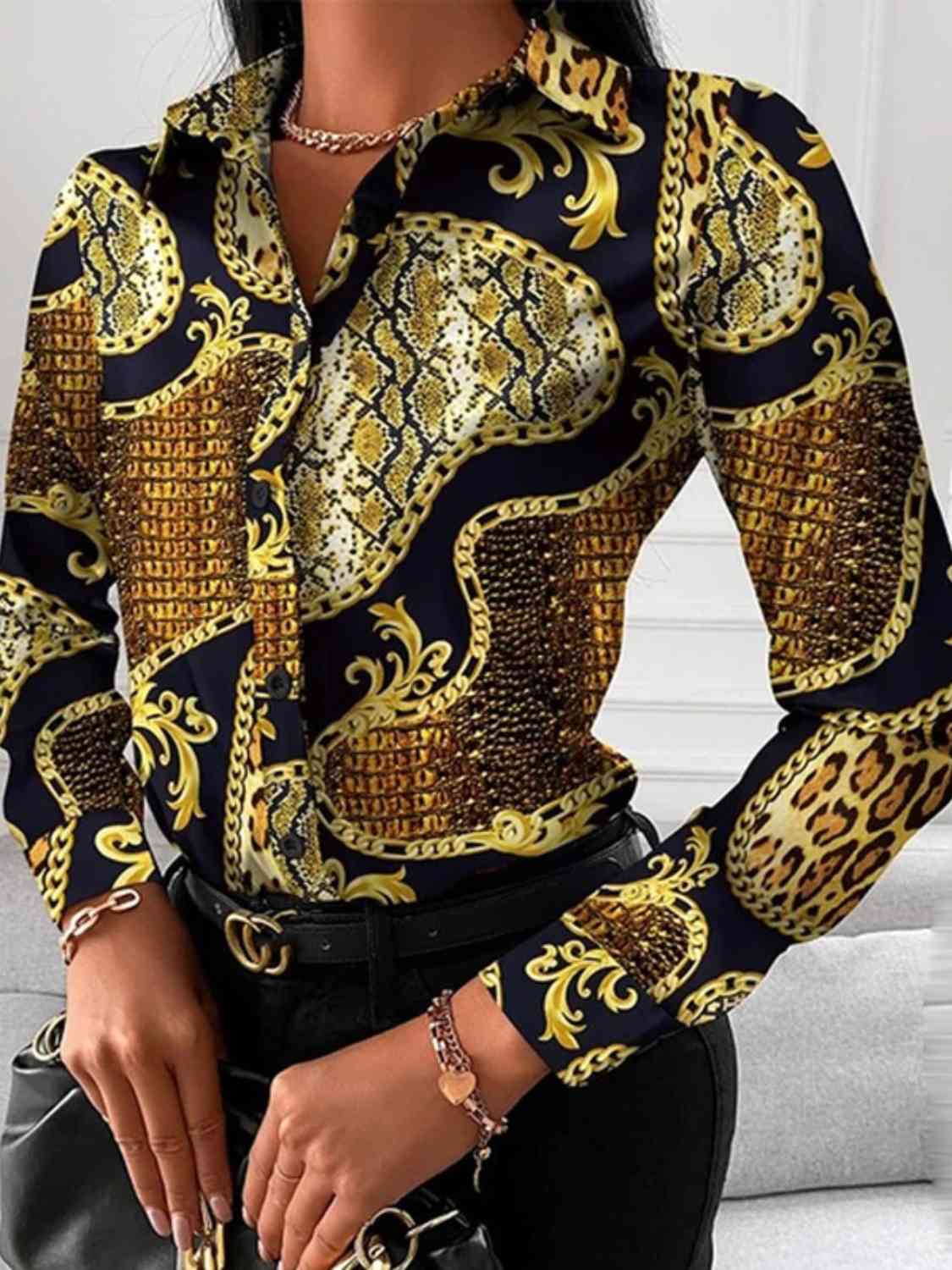 Printed Collared Neck Long Sleeve Shirt - Body By J'ne