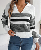 Striped Collared Neck Long Sleeve Sweater - Body By J'ne