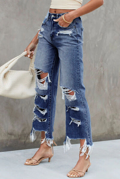 Distressed Raw Hem Jeans with Pockets - Body By J'ne