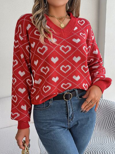 Heart Pattern V-Neck Long Sleeve Sweater - Body By J'ne