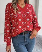 Heart Pattern V-Neck Long Sleeve Sweater - Body By J'ne