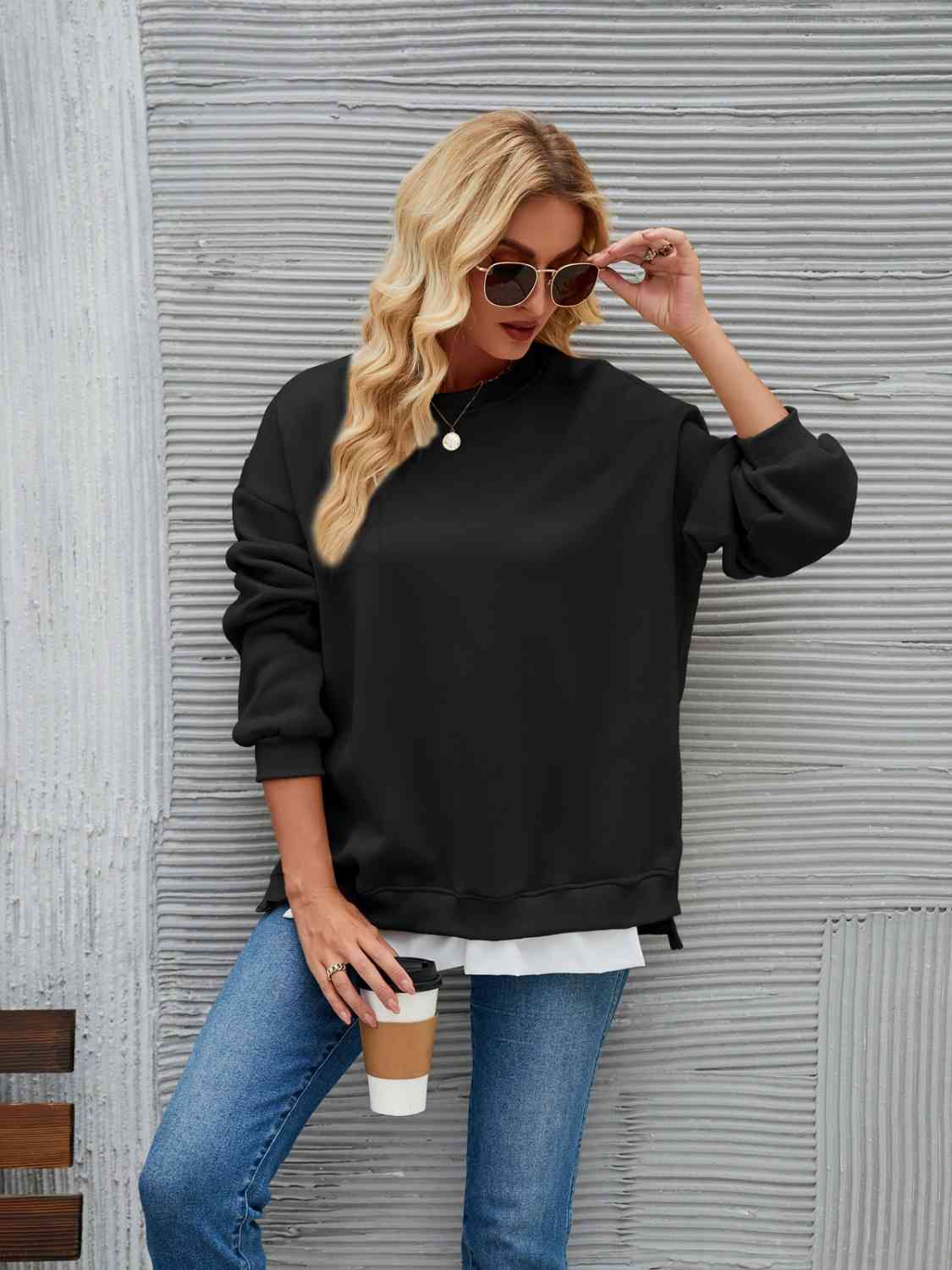 Round Neck Drop Shoulder Sweatshirt - Body By J'ne