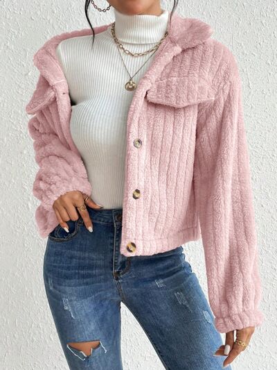 Fuzzy Button Up Collared Neck Jacket - Body By J'ne