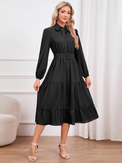 Tie Neck Long Sleeve Tiered Dress - Body By J'ne