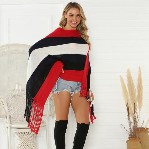 Striped Fringe Trim Poncho - Body By J'ne