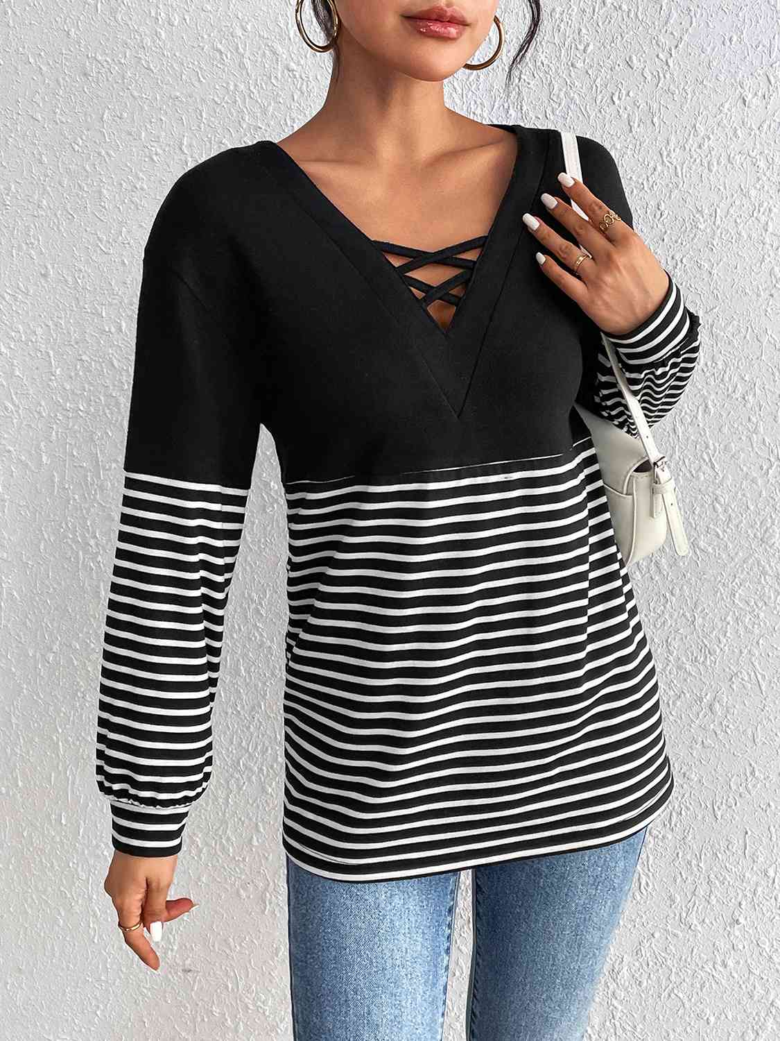 Striped Crisscross V-Neck Long Sleeve T-Shirt - Body By J'ne