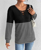 Striped Crisscross V-Neck Long Sleeve T-Shirt - Body By J'ne