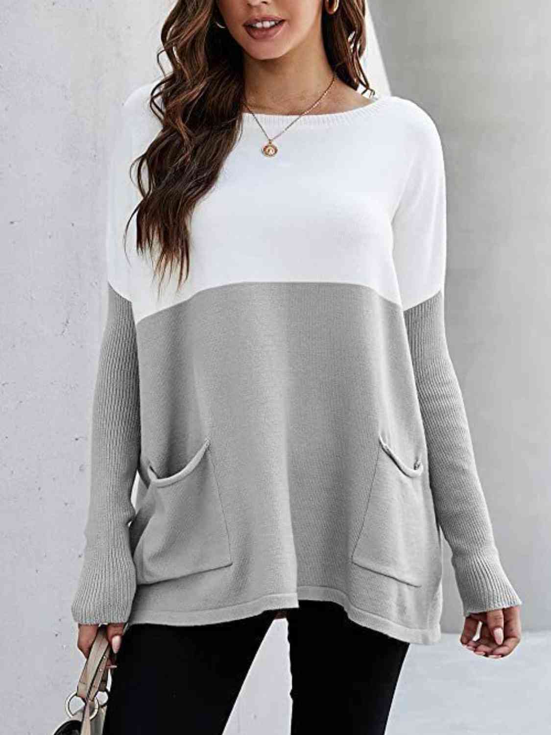 Two Tone Pullover Sweater with Pockets - Body By J'ne