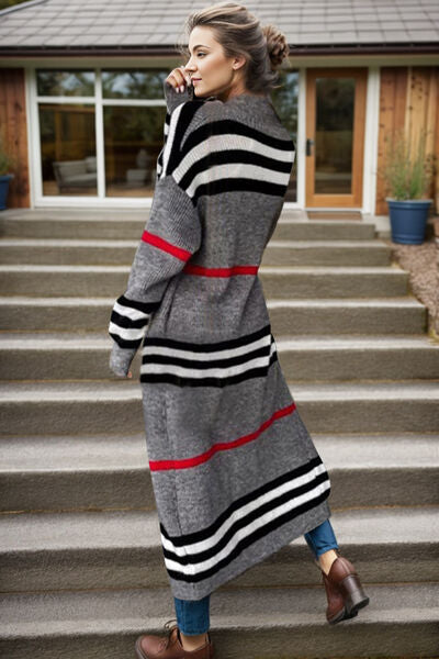 Striped Open Front Long Sleeve Longline Sweater Cardigan - Body By J'ne