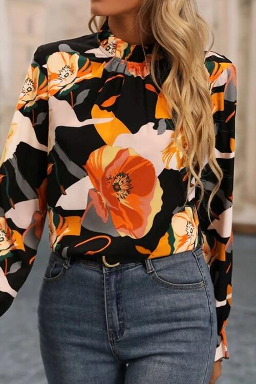 Floral Mock Neck Flounce Sleeve Blouse - Body By J'ne