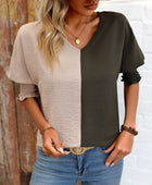 Contrast V-Neck Lantern Sleeve Blouse - Body By J'ne