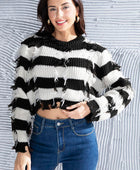 Striped Fringe Round Neck Sweater - Body By J'ne