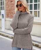 Ribbed Turtleneck Long Sleeve Slit Knit Top - Body By J'ne