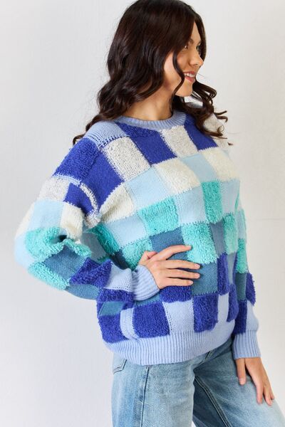 Checkered Round Neck Long Sleeve Sweater - Body By J'ne