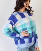 Checkered Round Neck Long Sleeve Sweater - Body By J'ne