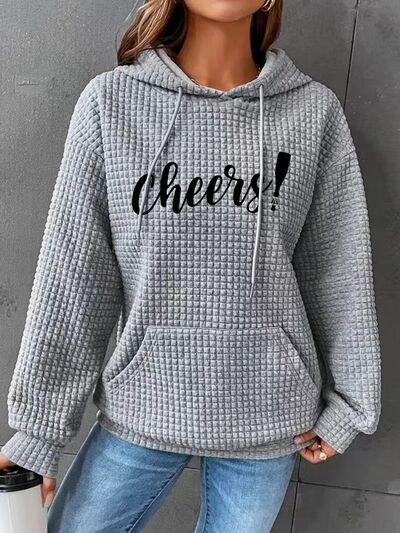 Full Size CHEERS Waffle-Knit Drawstring Hoodie - Body By J'ne