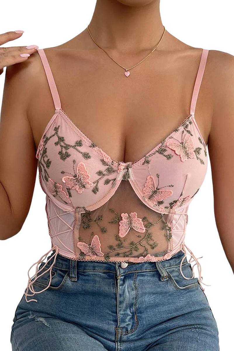 Embroidered Butterfly Side Tie Mesh Bustier Bralette - Body By J'ne