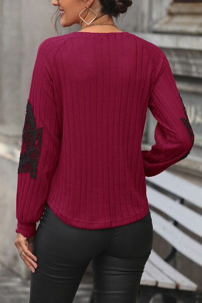Ribbed Lace Detail V-Neck Sweater - Body By J'ne