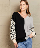 Leopard Color Block V-Neck Tunic Pullover Sweater - Body By J'ne