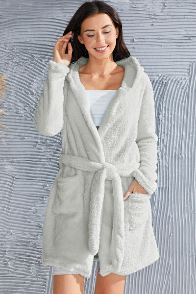 Fuzzy Tied Pocketed Hooded Lounge Nightgown - Body By J'ne