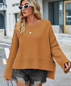 High-Low Slit Round Neck Long Sleeve Sweater - Body By J'ne