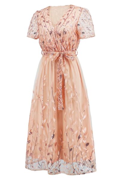 Sequin Leaf Embroidery Tie Front Short Sleeve Dress - Body By J'ne