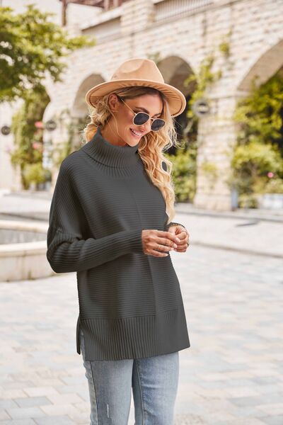 Ribbed Turtleneck Long Sleeve Slit Sweater - Body By J'ne