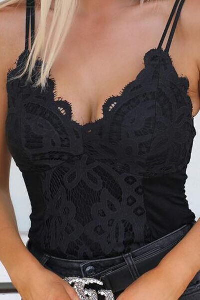 Lace Detail Spaghetti Strap V-Neck Bodysuit - Body By J'ne