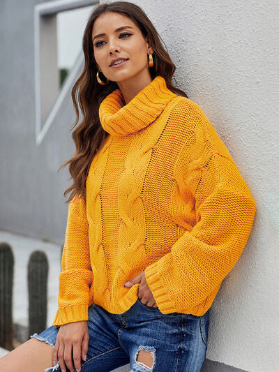 Cable-Knit Turtleneck Dropped Shoulder Sweater - Body By J'ne