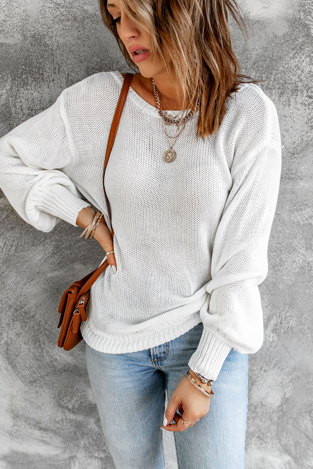 Tied Balloon Sleeve Round Neck Sweater - Body By J'ne