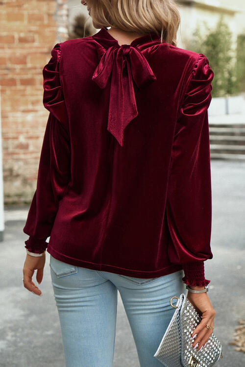 Tie Up Mock Neck Velvet Fabric Long Sleeve Blouse - Body By J'ne