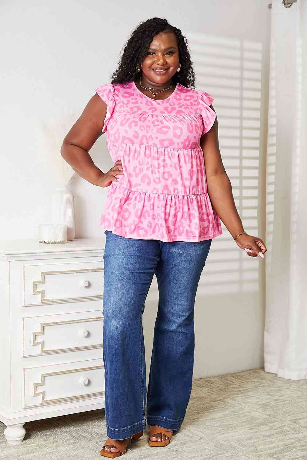 Double Take Leopard Round Neck Tiered Blouse - Body By J'ne