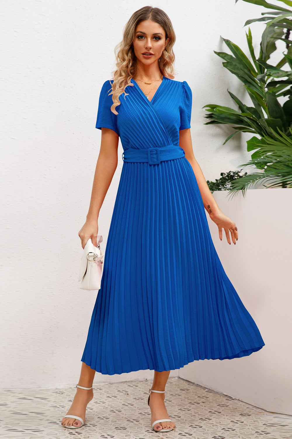 Pleated Surplice Short Sleeve Midi Dress - Body By J'ne