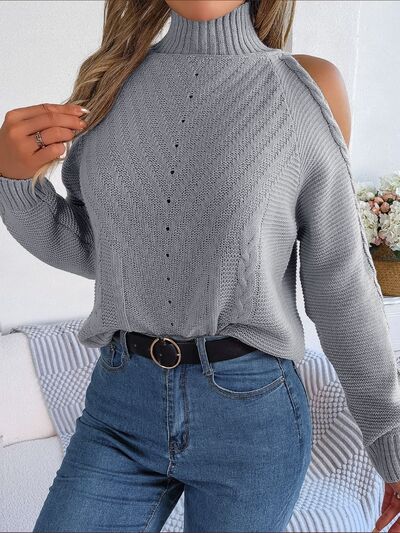 Cable-Knit Turtleneck Cold Shoulder Sweater - Body By J'ne